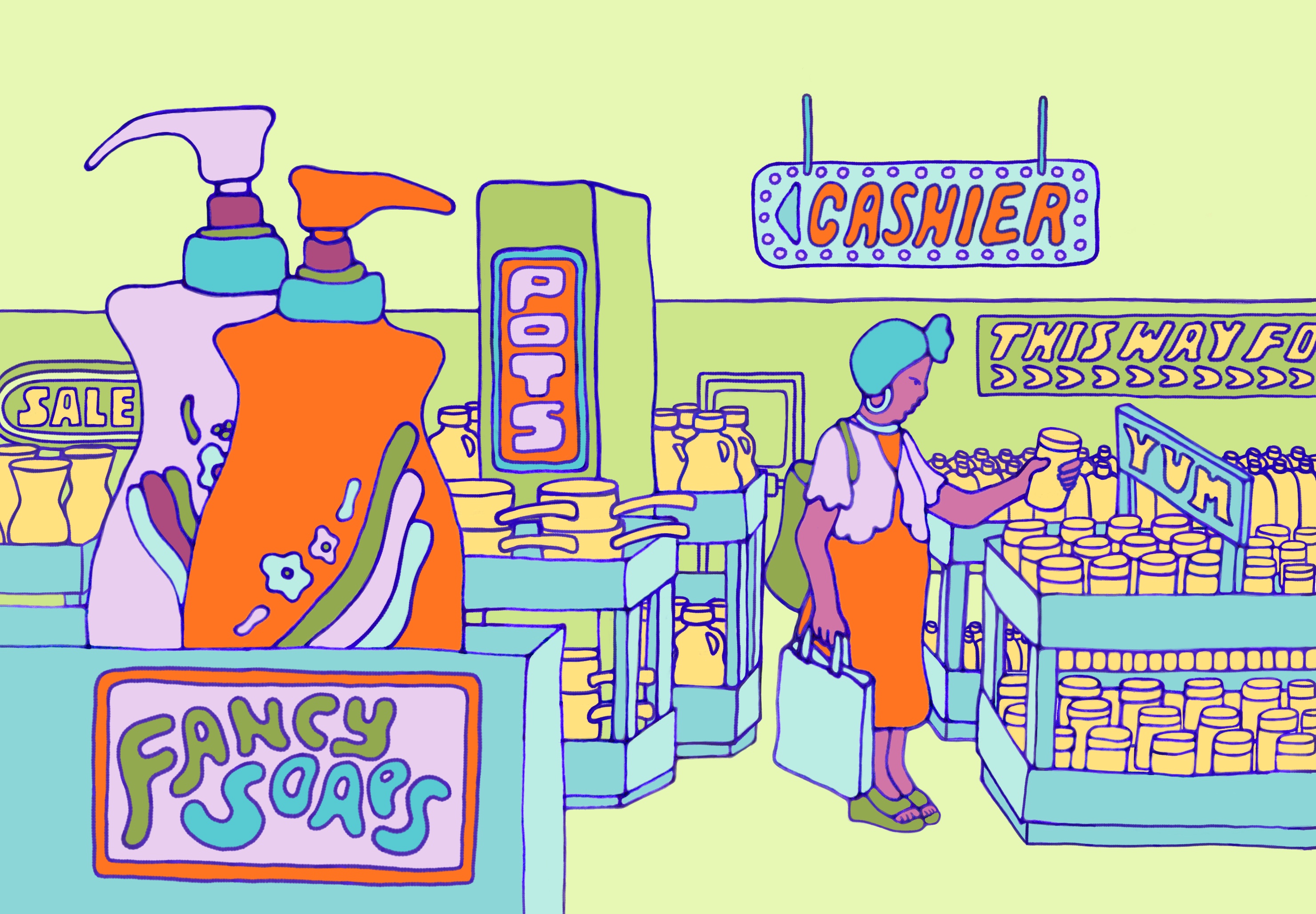 illustration of a bargain shop with fancy soaps in the foreground