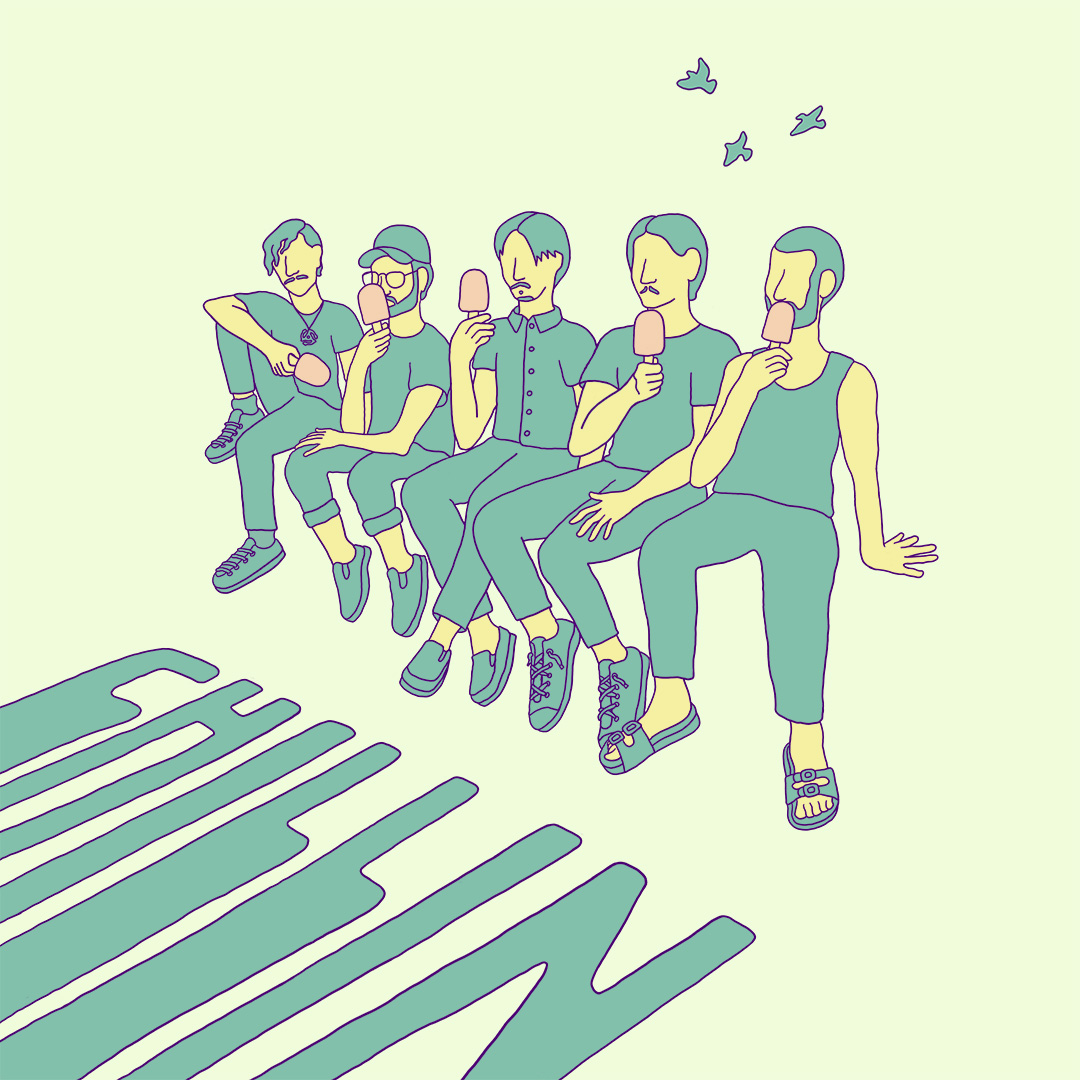 illustration of five guys eating popscicles