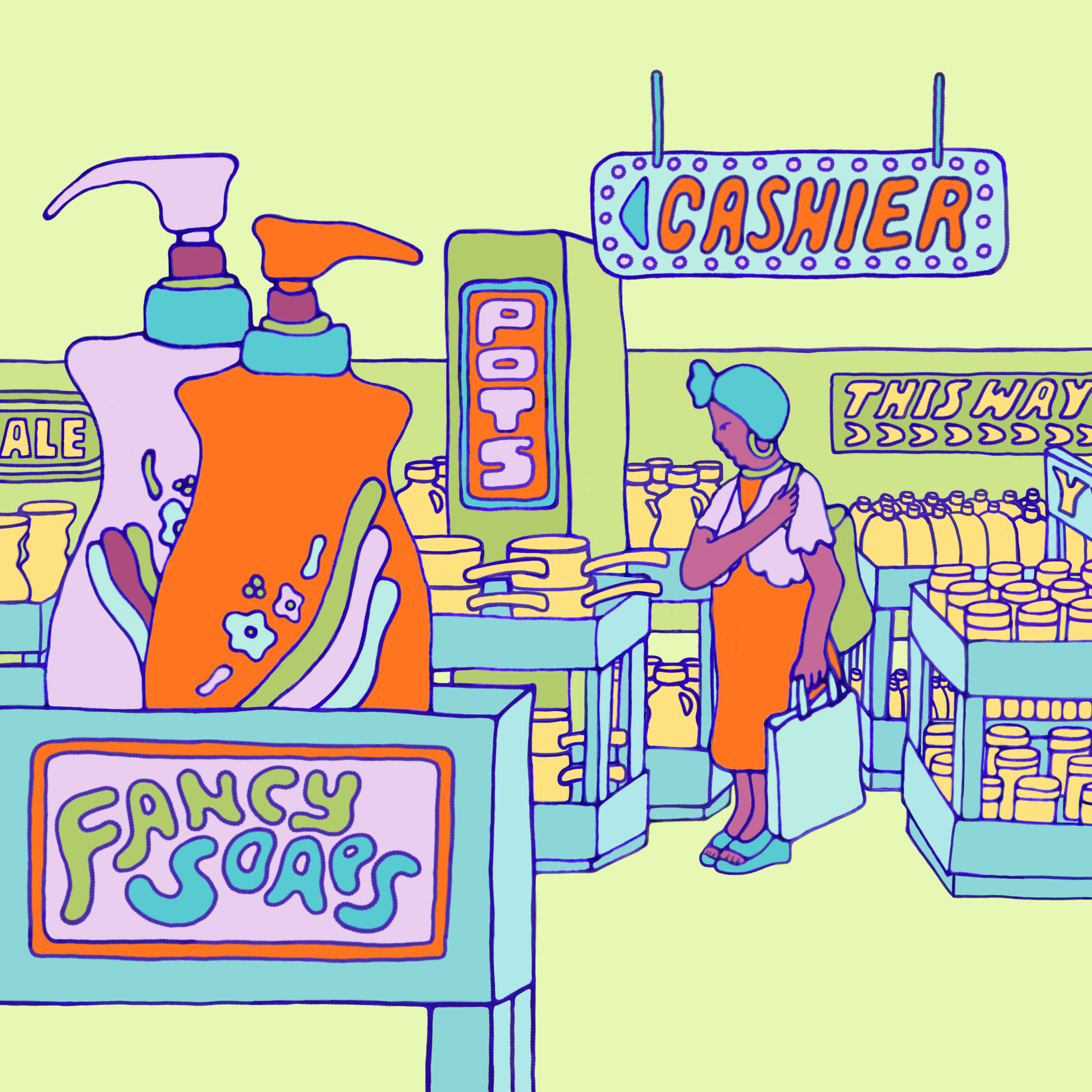 illustration of a bargain shop with fancy soaps in the foreground