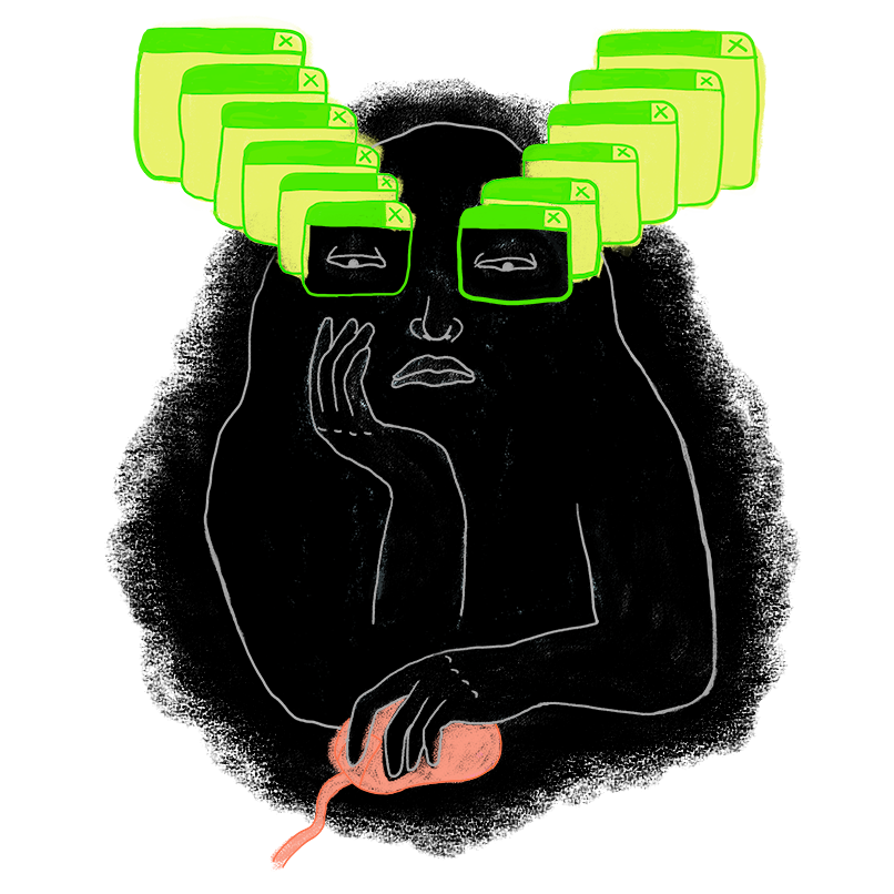 illustration of a person in a black cloud with many browser windows for eyes