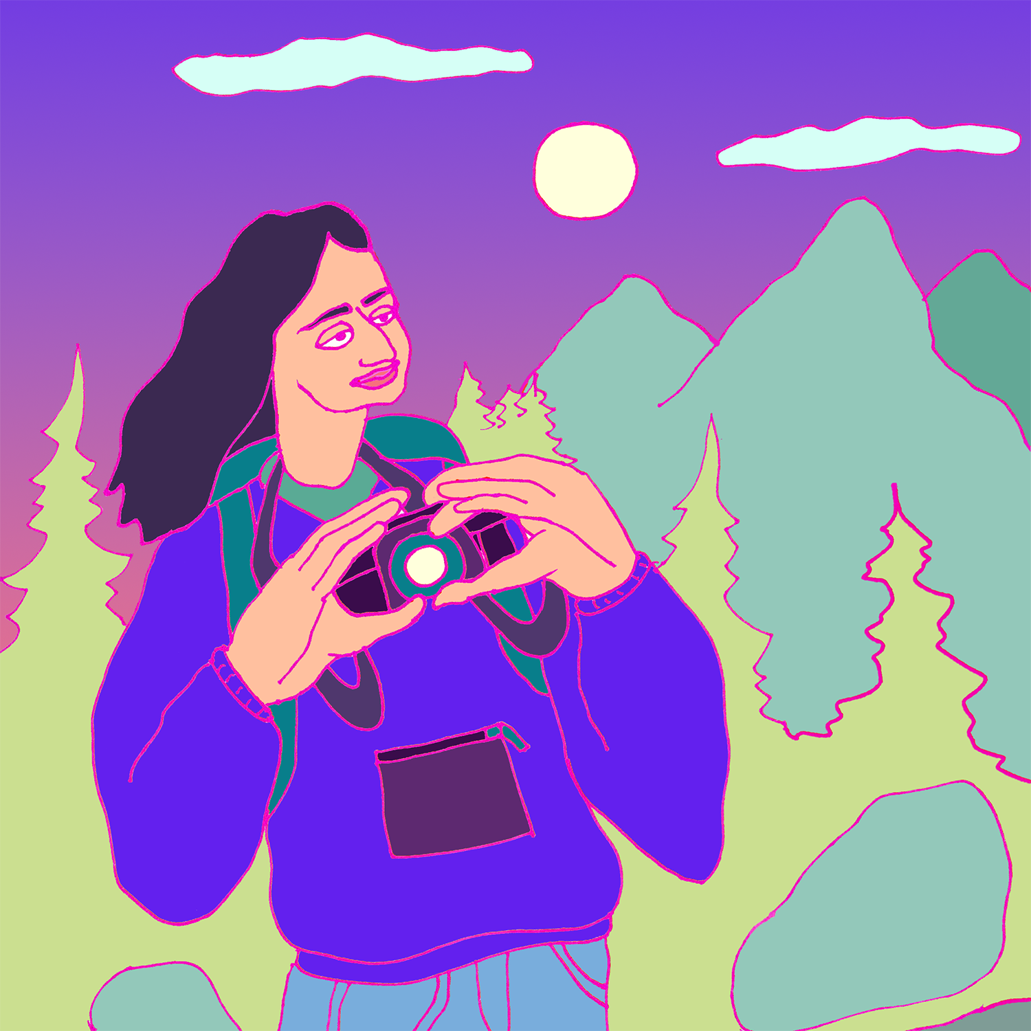 illustration of a person holding a camera under the moon in a forest